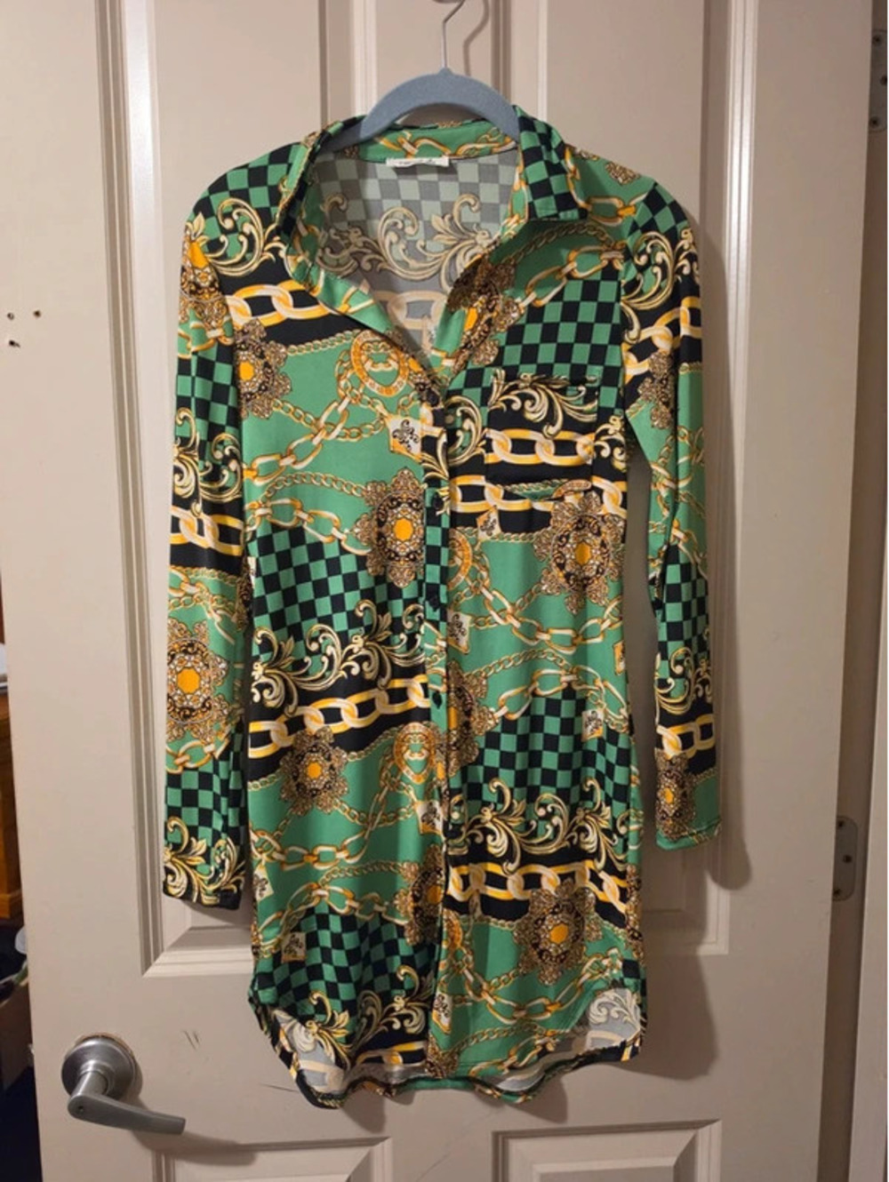 Timing Green Black Checkerboard & Chain Print Button-Up Dress